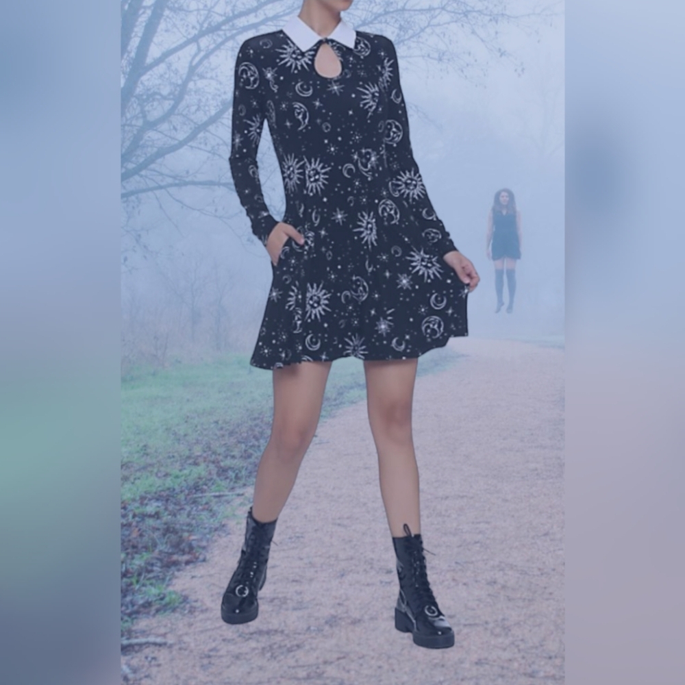 Hot Topic Women's Long Sleeve Celestial Sun & Moon Stretchy Black Mini Dress